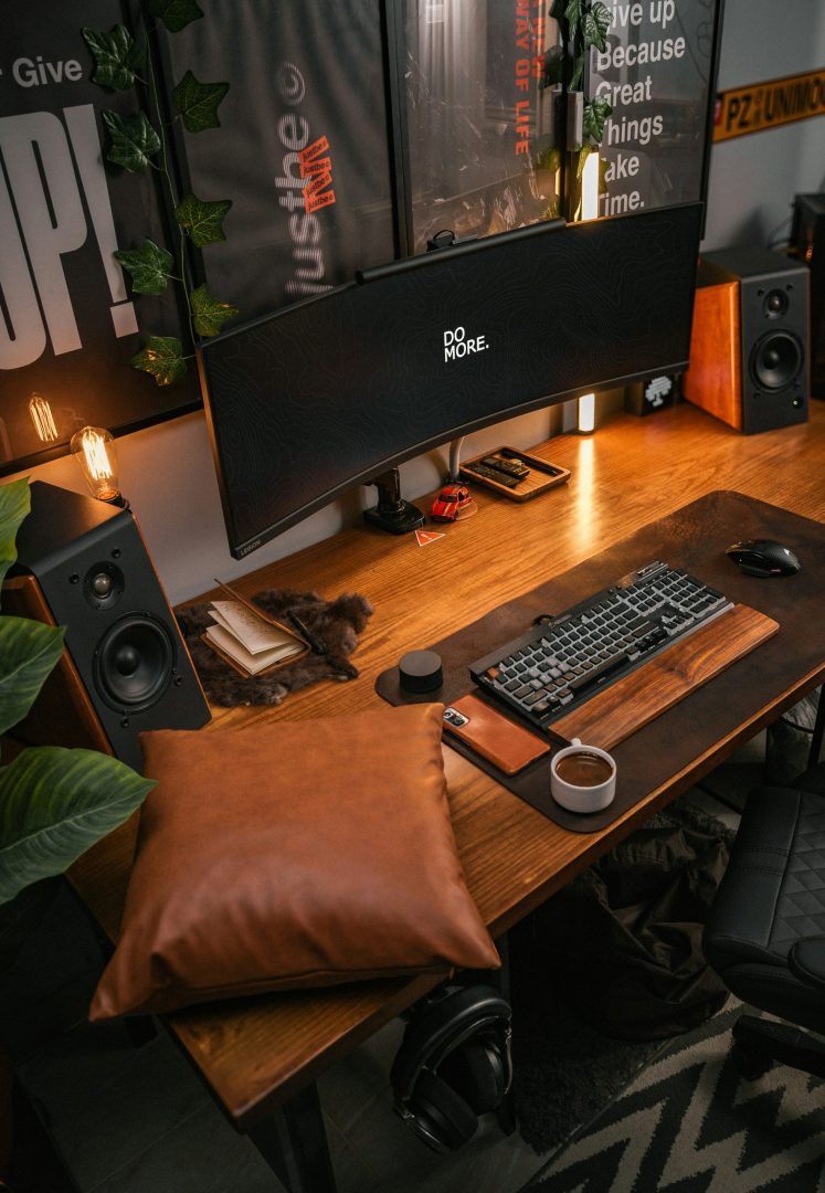 Ergonomic office workspace with monitor arm