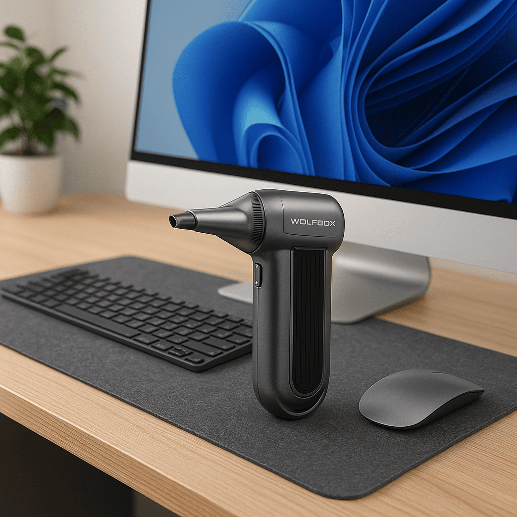 WOLFBOX MF100 air duster placed next to a sleek desktop computer, wireless keyboard, mouse, and desk pad in a modern home office setup