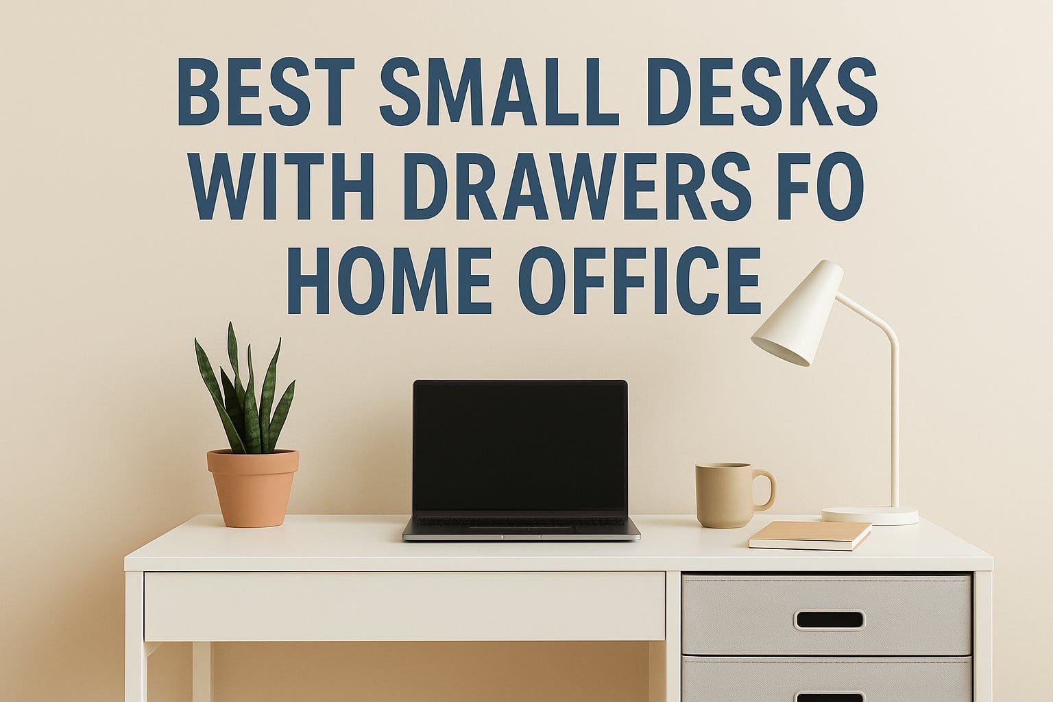Modern small white desk with drawers in a minimalist home office setup