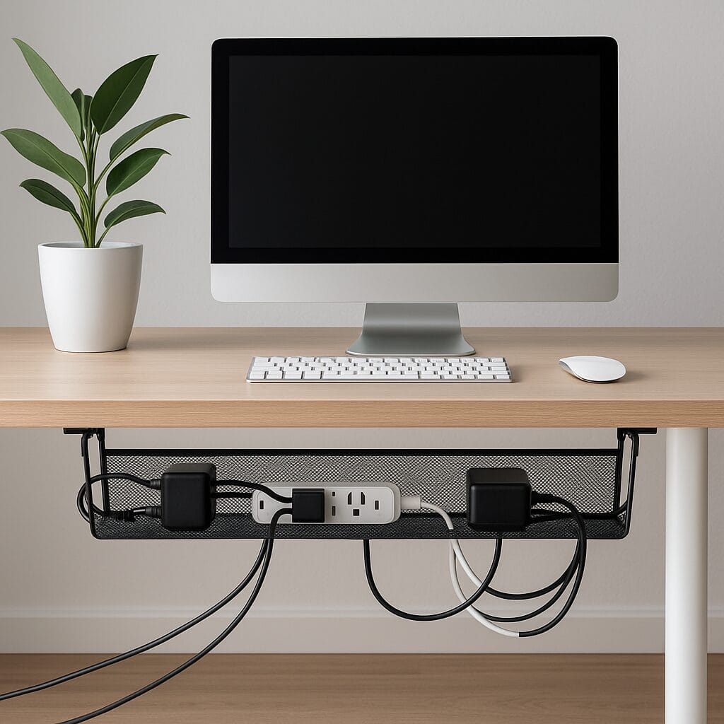 A high-resolution image of a clean, modern workspace with a mesh cable organizer mounted under a light wood desk. The desk features a widescreen monitor, white keyboard and mouse, and a potted plant, with cables neatly managed beneath.