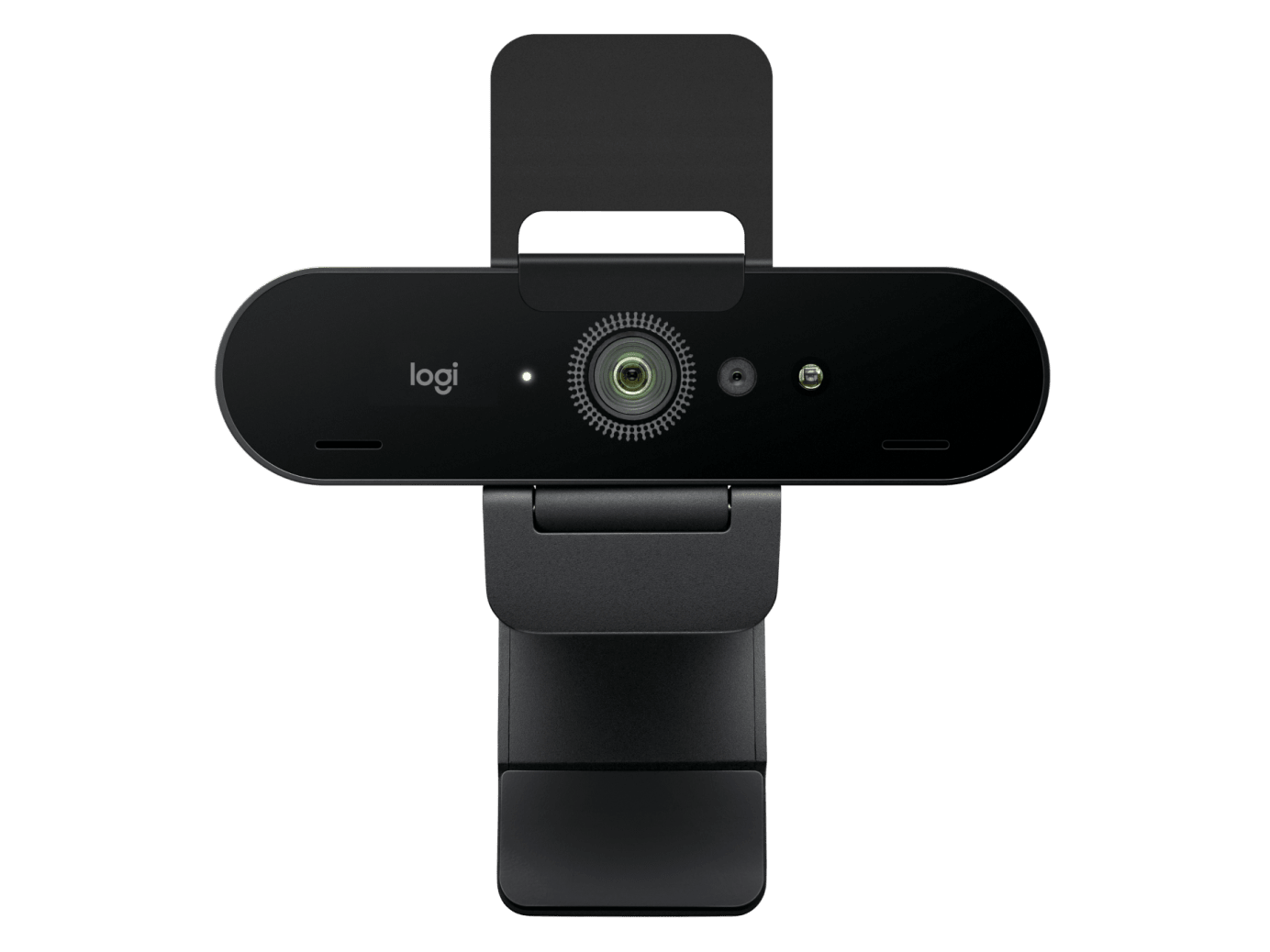 A close-up of the Logitech Brio 4K webcam mounted on a monitor.