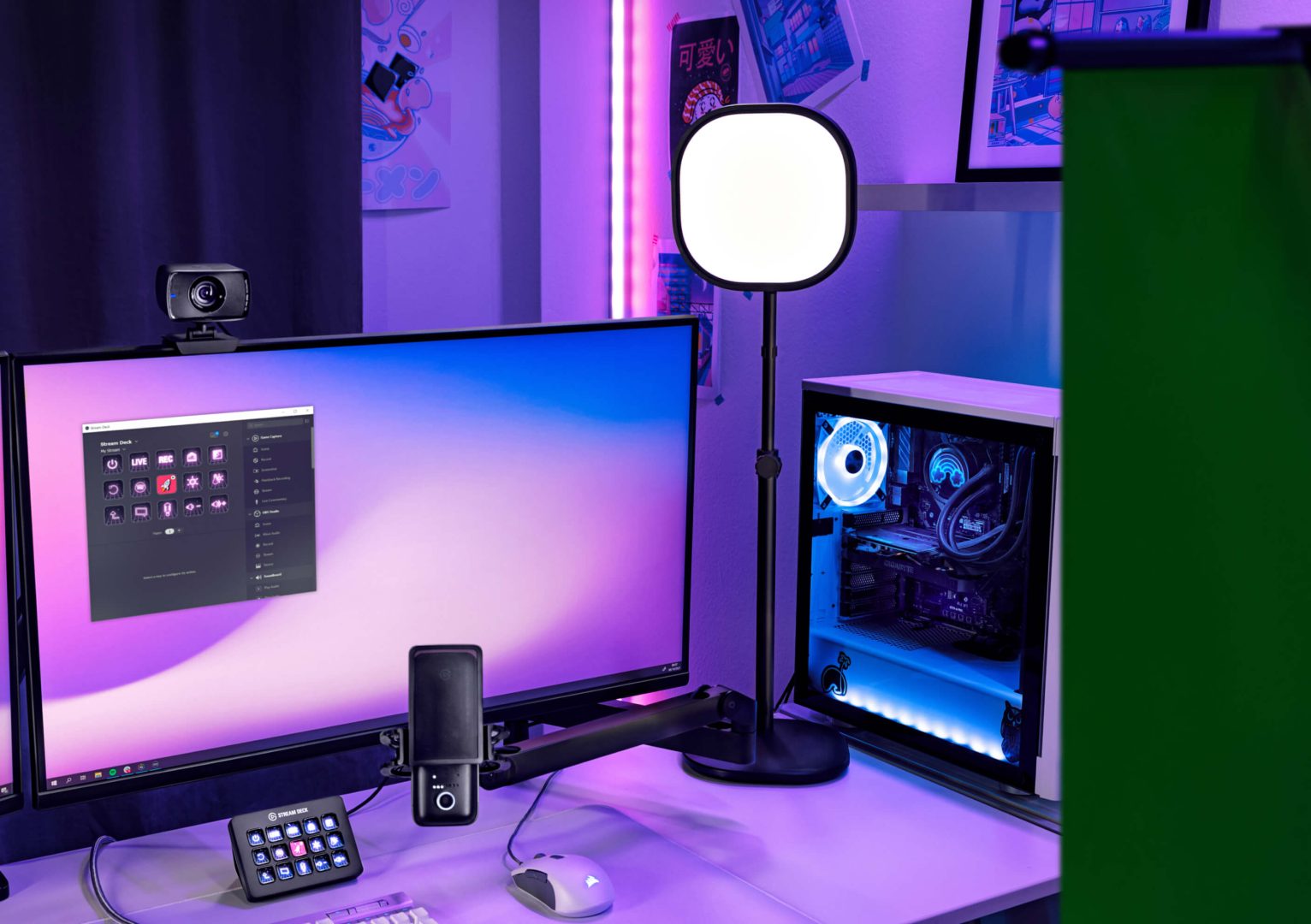 The Elgato Key Light attached to a desk, illuminating a workspace.